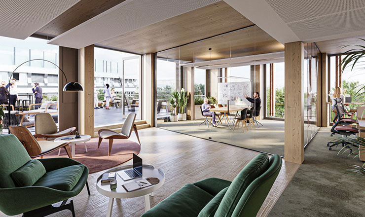 Ein modernes Büro mit Sitzgruppen und großen Fenstern mit Blick auf die Terrasse